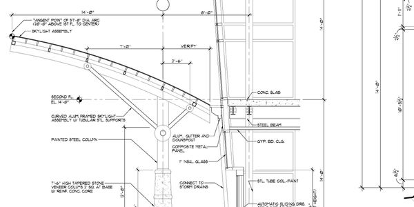 Technical drawing of a curved skylight and structural details.