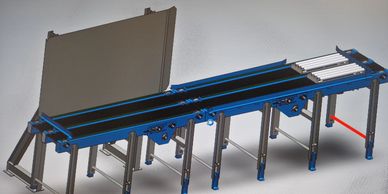 Technical conveyor system drawing showing mechanical layout, controls and process flow for industria
