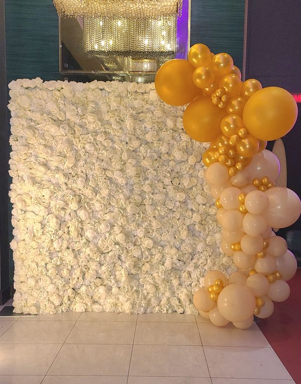 Photo Booth, White Silk Rose Flower Wall rental, white and gold organic balloon garland, party decor