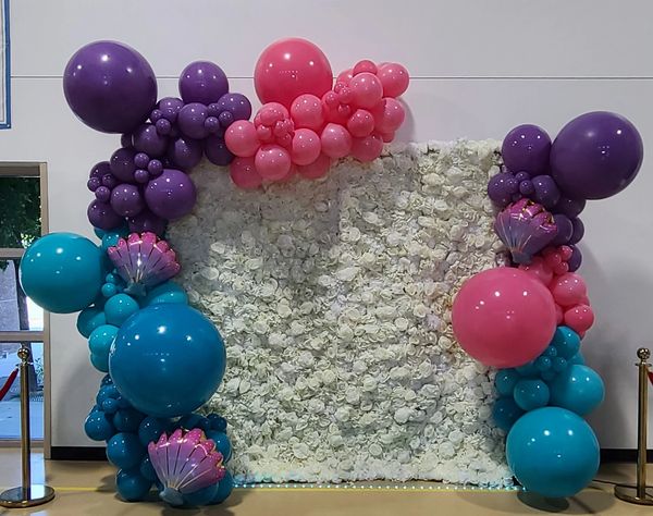 Photo Booth Under the Sea Organic Balloon Garland, White Rose 3D Flower Wall rental, Photo Booth