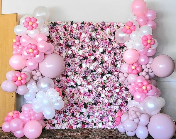 Photo Booth Organic balloon backdrop, pink and white balloon garland, Pink Rose Flower wall rental