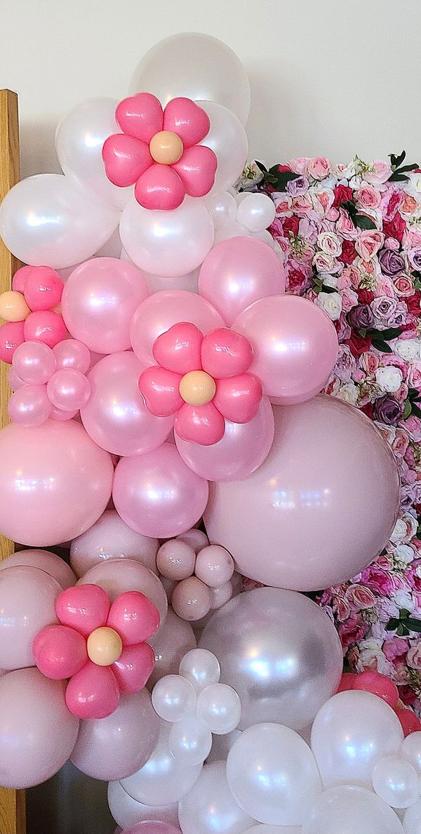 Pink and White Balloon Garland, Ladies Tea Pink Rose Flower wall backdrop, Photo  Booth rental