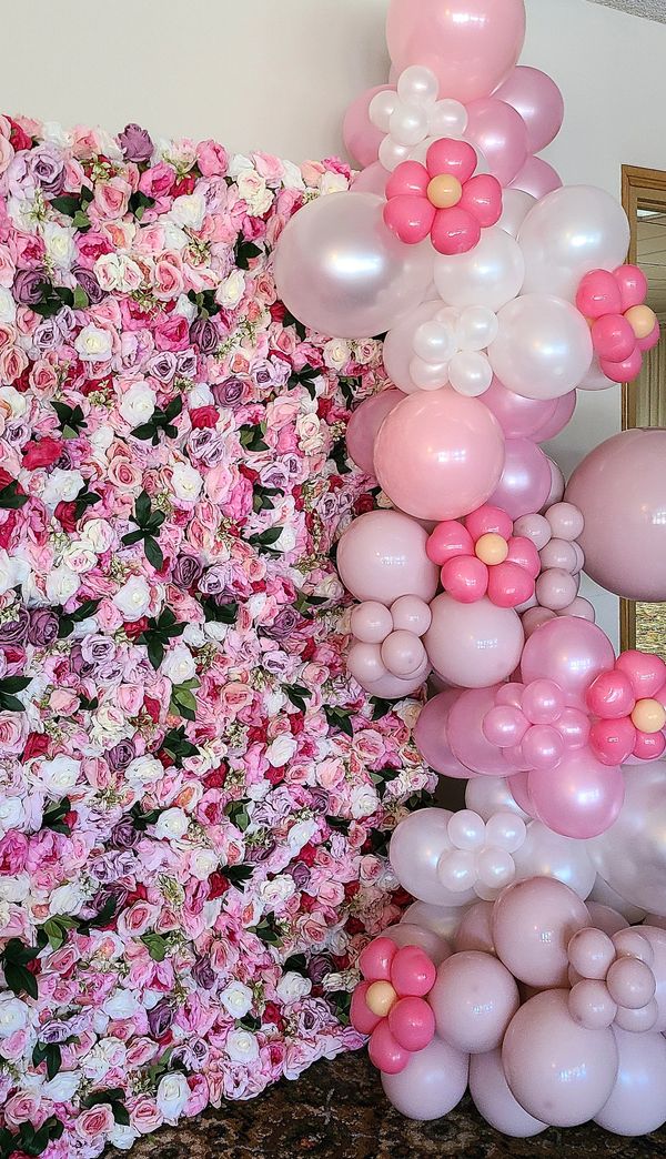 3D Pink Rose Flower wall rental, White and Pink organic balloon garland, photo booth rental backdrop