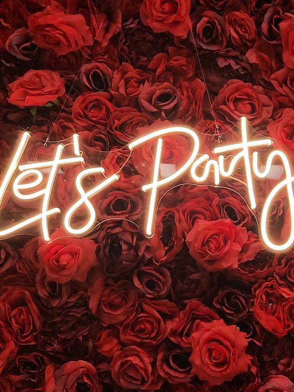 Let's Party neon light, Red Rose 3D Flower Wall rental, wedding rentals, photo booth rental, balloon