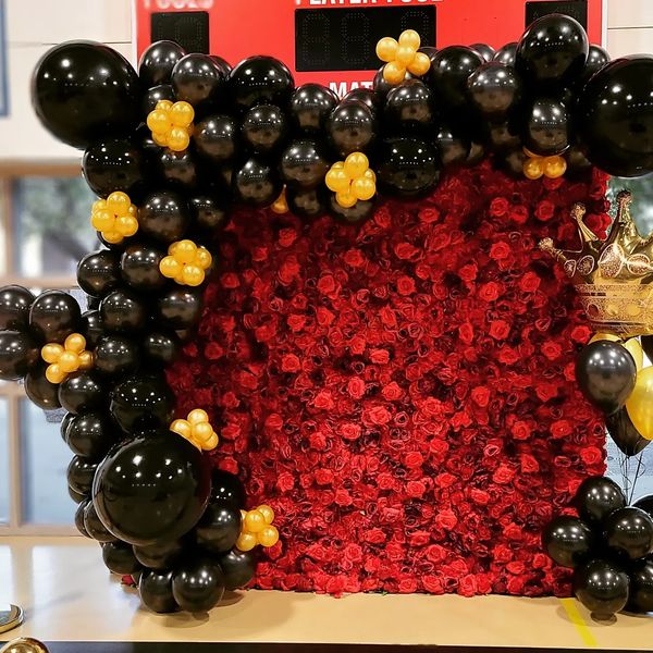 3D Red Rose Flower Wall with Black and Gold Organic Balloon Garland, Backdrop, Photo Booth Rental