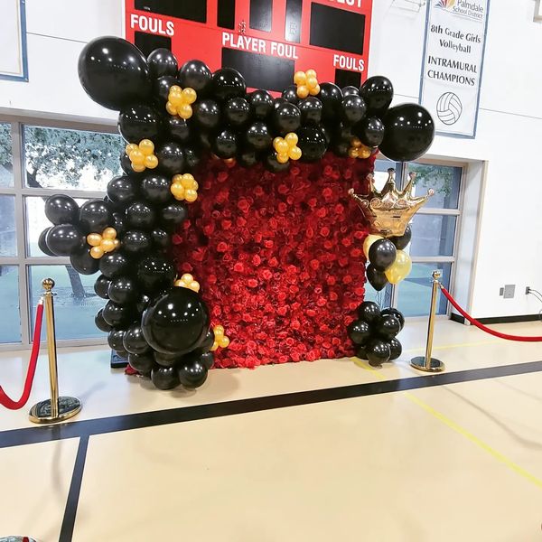 3D Red Rose Flower Wall, Photo Booth with Black and Gold Organic Balloon Garland. PLP Palmdale, CA