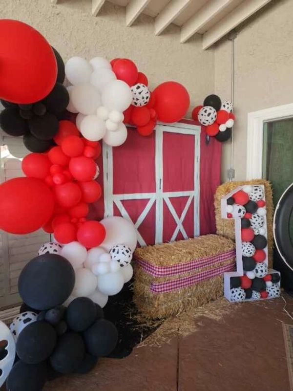Photo Booth rental,photo booth backdrop, red and black organic balloon garland, first birthday party