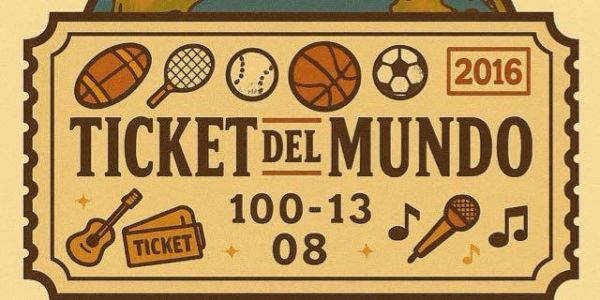 Ein Veranstaltungsticket mit Sport- und Musiksymbolen aus dem Jahr 2016.