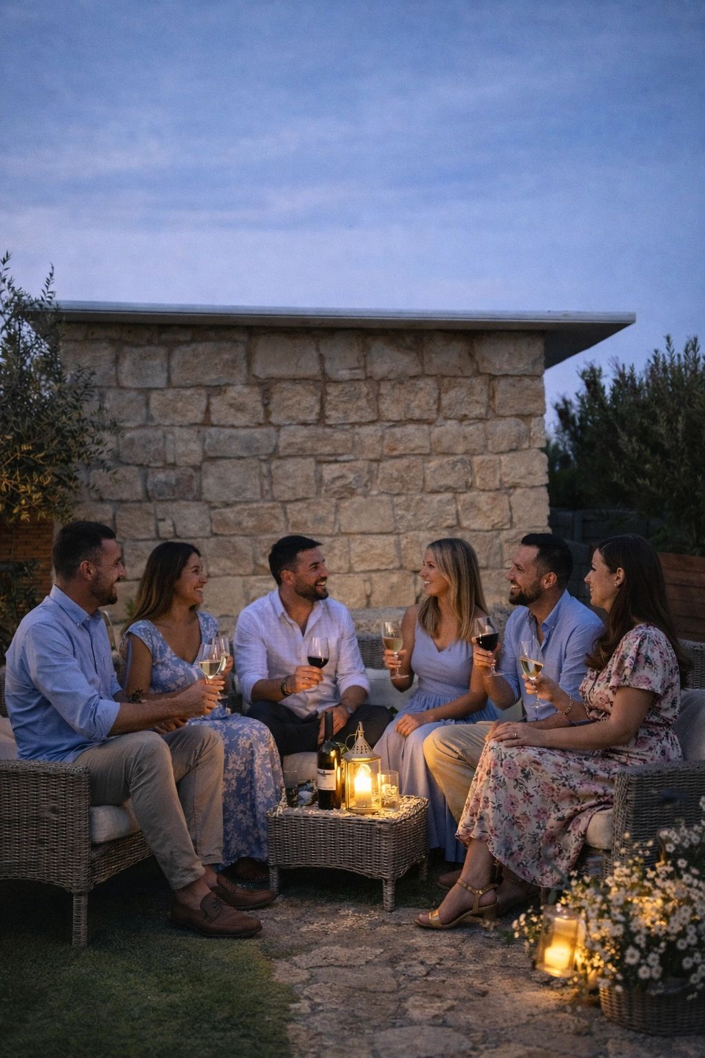 A group of friends enjoying evening drinks outdoors with candles and cozy seating.