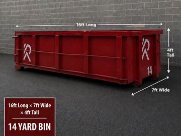 A red 14-yard bin measuring 16ft long, 7ft wide, and 4ft tall.