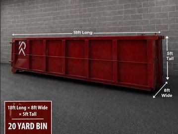 Large red 20-yard bin measuring 18ft by 8ft by 5ft.