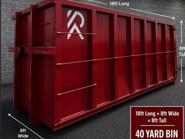 Large red 40-yard bin measuring 18ft long, 8ft wide, and 8ft tall.