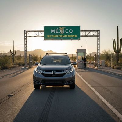 A Honda car stopped near a Mexico sign advertising auto insurance.