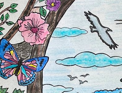 Bright colors on detail of Minne-Mural   hand-drawn original by Cindy Kolling, colored by Christy.