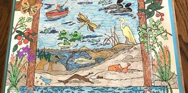 "At the Lake" Minne-Mural™ Coloring Art Poster colored with gel pens by Shirley.