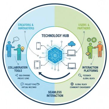 Diagram showing technology hub connecting creators and users through collaboration and interaction tools.