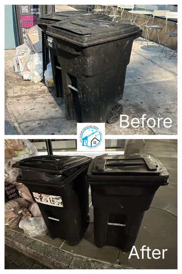 Before and after cleaning of black garbage bins on a city sidewalk.