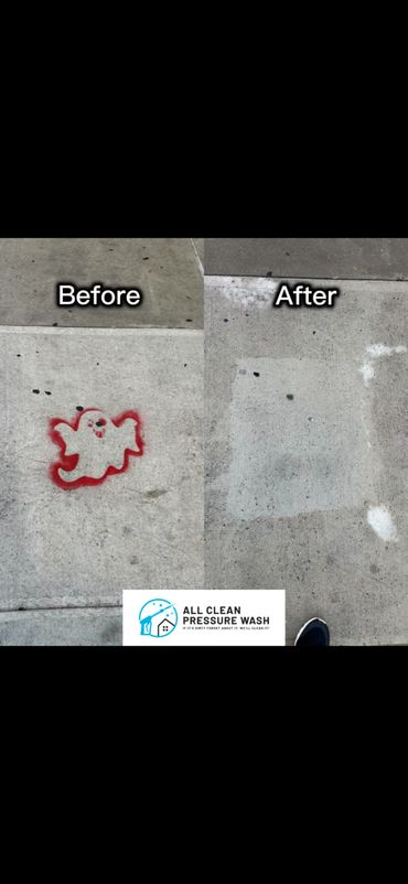 Side-by-side photo showing red ghost graffiti before and its removal after pressure washing.