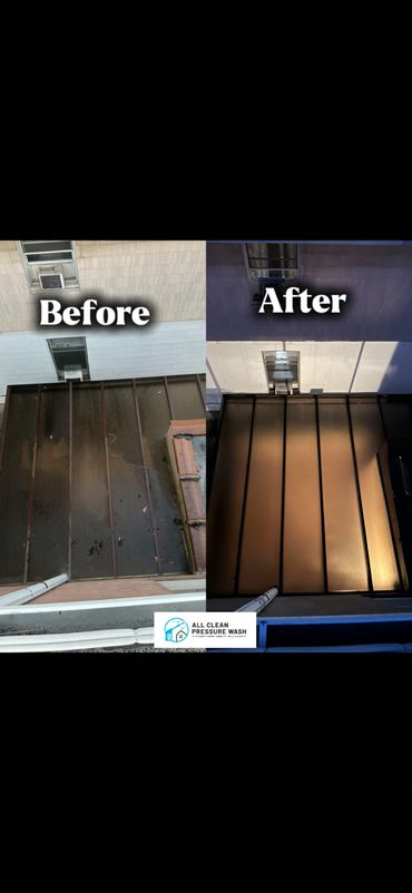 Before and after pressure washing a roof, showing a dramatic clean-up.