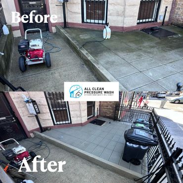 Before and after pressure washing a concrete patio area, showing a dramatic cleaning transformation.