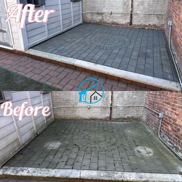 Cleaned and restored stone patio area, showing dramatic before and after transformation.