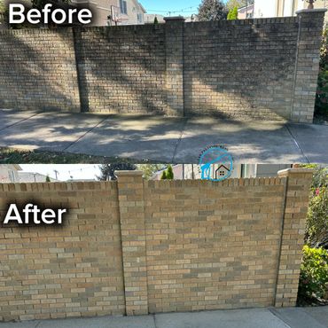 Before and after photo of a cleaned brick wall showing dramatic difference.