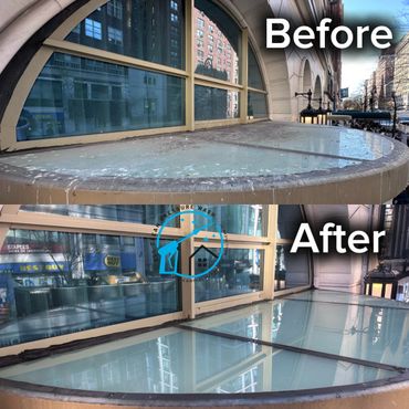 Before and after photos showing a dirty surface cleaned to a shiny finish.