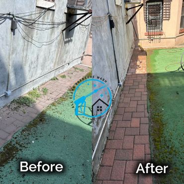 Before and after of a pressure-washed outdoor walkway and wall.