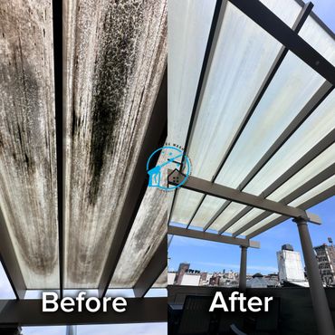 Before and after cleaning of a patio roof showing dramatic difference.