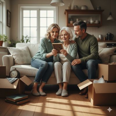 Three adults sitting on a couch, looking at a framed photo together.