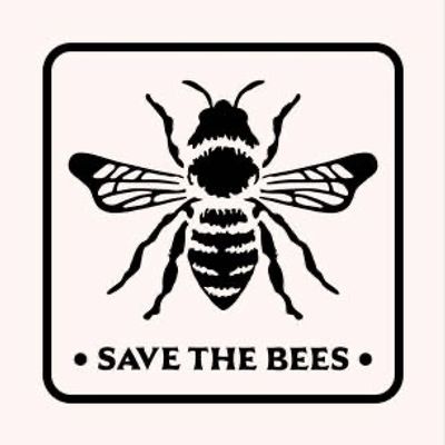 Black and white image of animated bee. Text states, "Save the Bees."