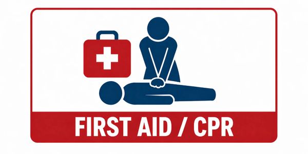 Symbol for first aid and CPR showing CPR chest compressions and a medical kit.