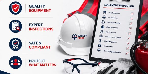 Safety gear and checklist emphasize quality equipment and expert inspections.