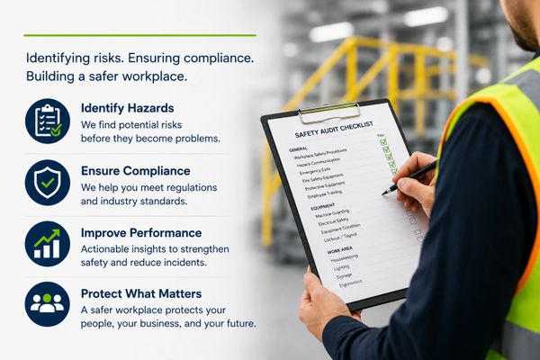 Safety audit checklist being reviewed by a worker in a high-visibility vest.