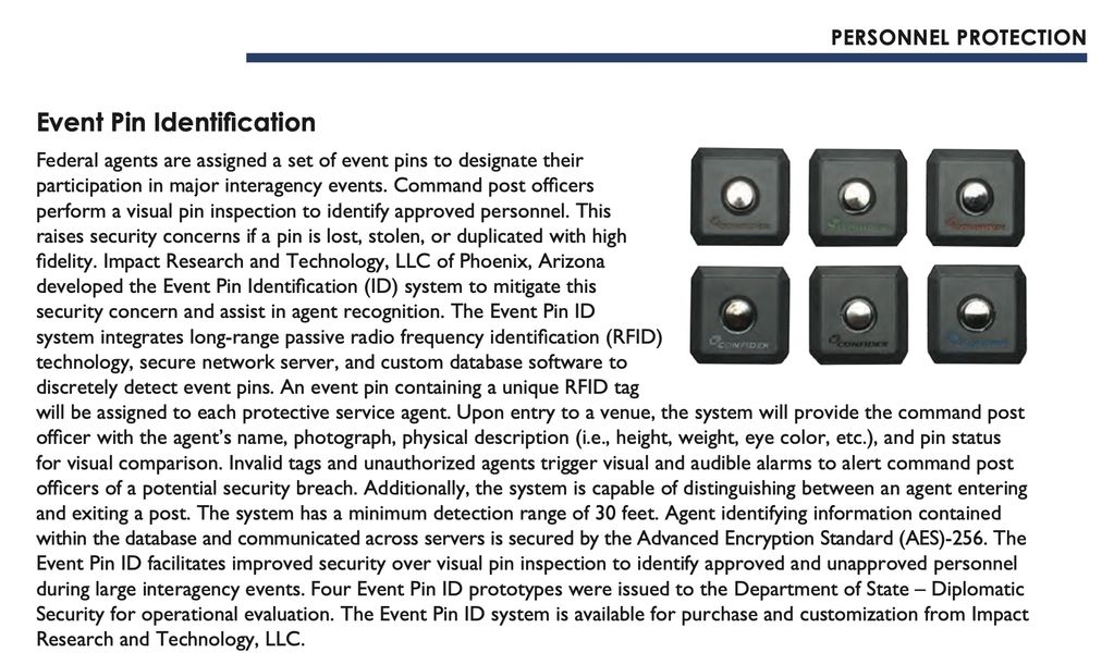 Event Pin Identification System is featured in CTTSO's 2017 Review Book