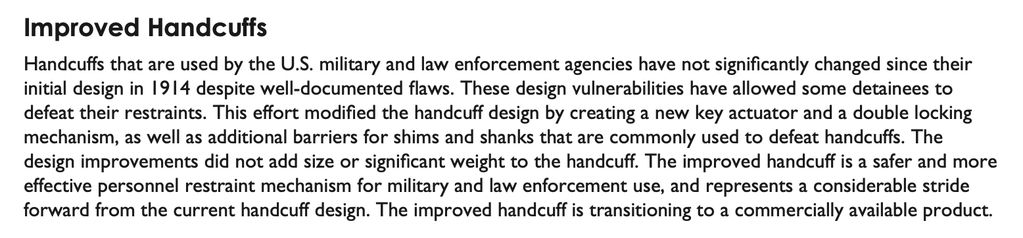Impact Research and Technology LLC's Improved Handcuffs are featured in CTTSO's 2017 Review Book