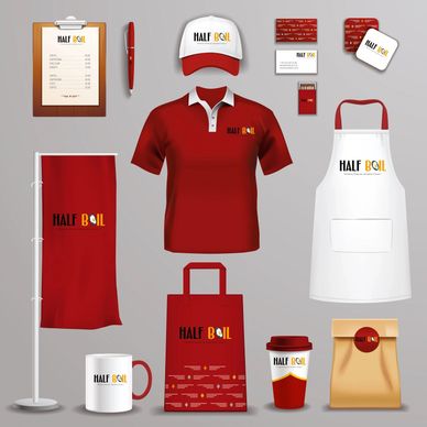 Branded merchandise for Half Boil featuring red and white colors with logo on apparel and packaging.