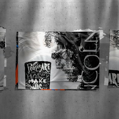 Abstract posters with motivational text on a concrete wall under shadows.