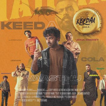 Keeda Cola movie poster with main characters and a cockroach on an orange background.