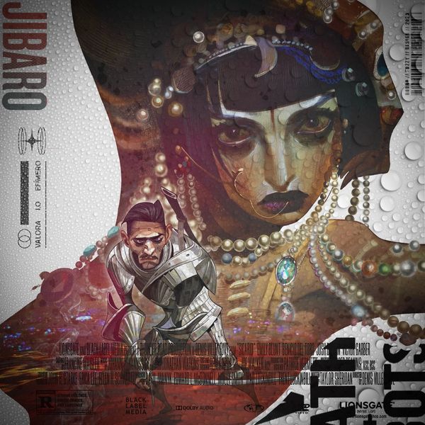 Stylized movie poster featuring a warrior and a mysterious woman adorned with pearls, titled JIBARO. Showcase of advanced illustration and composition by Freelance Graphic Designer at HungerJew Design Services for Professional Branding and Identity.