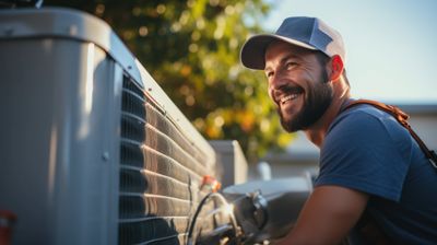 A man wearing a hat is repairing an air conditioning unit while smiling.