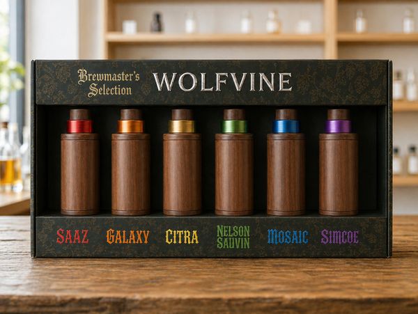 Set of six wooden containers for different hop varieties in a decorative box.