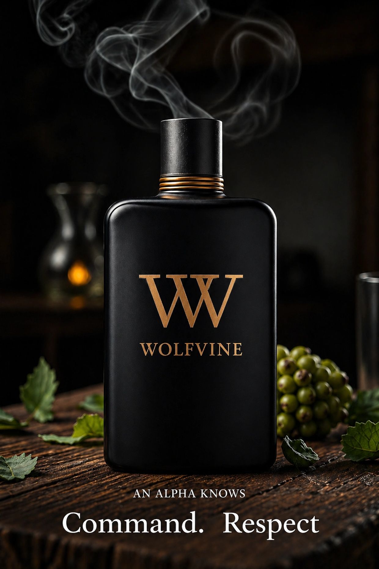 Black Wolfvine bottle with smoke, symbolizing command and respect.
