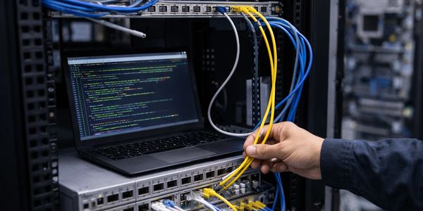 Technician managing network cables in a server rack with a laptop running code.