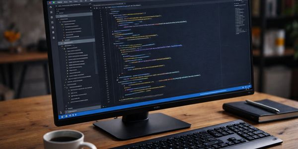 A computer screen displaying code on a workspace desk.