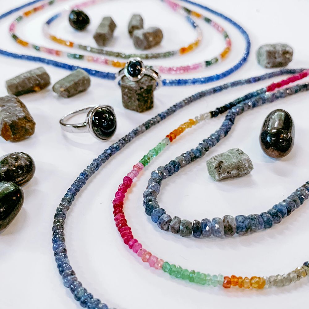 Silver and sapphire jewelry, sapphire mineral rock specimen, beaded sapphire necklace.
