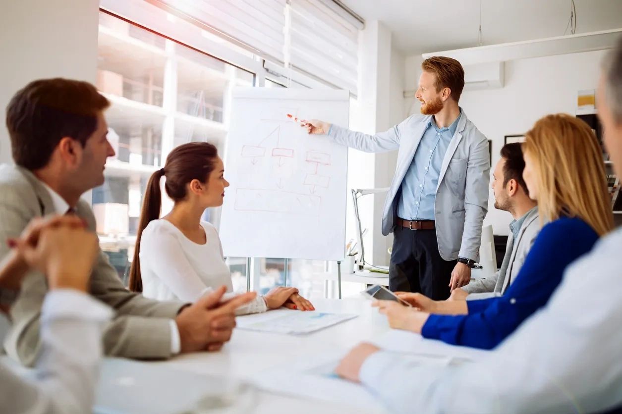 Business team in a meeting, man presenting with a flip chart.