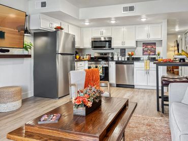 Modern kitchen with stainless steel appliances and cozy living area at Sunny Side Falls in Roark Creek Resort, Branson Missouri.