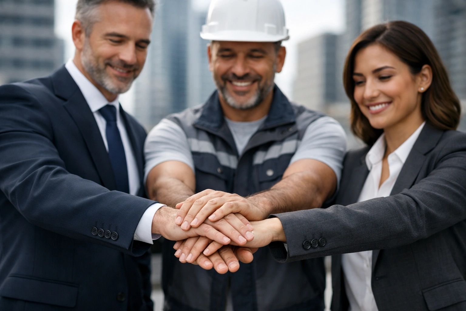 Three professionals stacking hands in teamwork gesture outdoors.