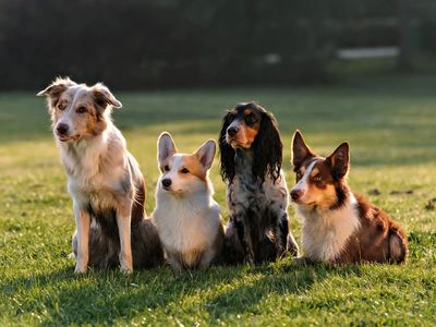 Group of dogs lined up at Hollybarn Dog Training Puppy Training Behaviour and Dog Obedience.